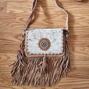 Genuine Handmade Cowhide Leather Fringe Flip Top Crossbody Bag